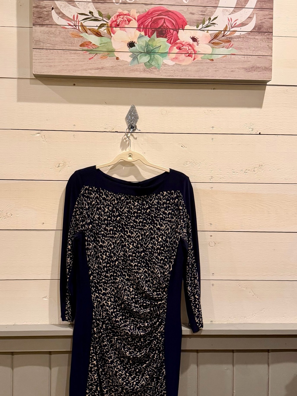 Lauren Ralph Lauren Navy Animal Print Ruched Navy Sheath Dress Size 10